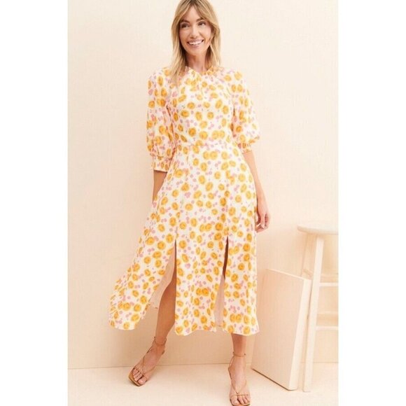 Keepsake Dissolve Midi Dress Yellow Ivory M Grandmacore Floral Flowy Feminine - Picture 1 of 11